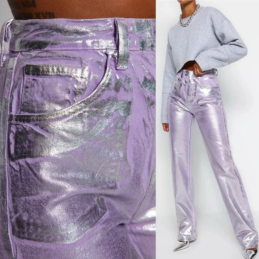 Trendyol Collection Women's Lilac Shiny Metallic Printed High‎ Waist Wide Leg 34